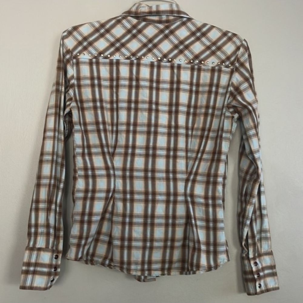 Items <$15 are 3/$30 Panhandle Slim Brown/Blue Plaid Button Down Shirt Womens S - Picture 6 of 7